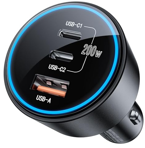 USB C Car Charger Fast Charging 200W, Dual PD 100W Type C Car Charger, PD3.0/QC4.0/PPS Cigarette Lighter Adapter for iPhone 16/15/14/13/12, Galaxy S22/S21 Ultra, MacBook, Laptop etc