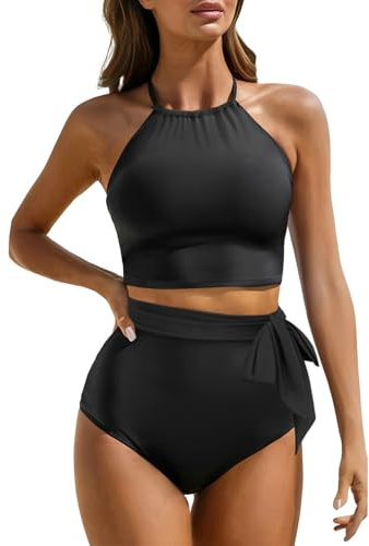Tempt Me Women Black High Waisted Bikini Sets - Two Piece Swimsuit High Neck Bathing Suits Tummy Control Swimwear M