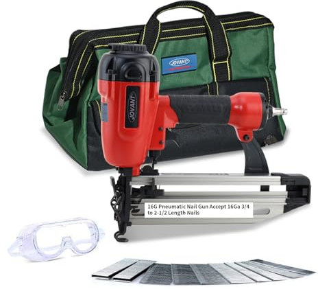 Jovant Pnumatic Finish Nailer, 16 Gauge Nail Gun Acepts 3/4 Inch Up to 2-1/2 Inch Finish Nails. Brad Nailer Gun Can Hit Hardwood Ideal for Upholstery, Woodworking Door (Includes Portable Bag)