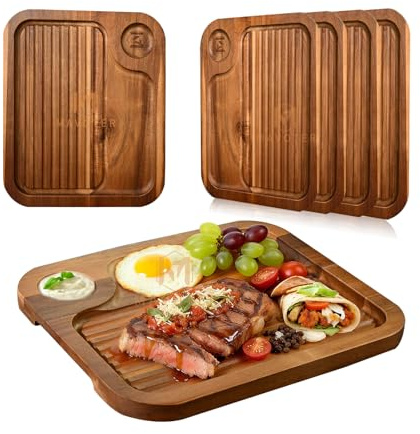 4 pcs Acacia Wood Steak Plates,Carnivore Cutting Board for Eating, Carved Meat Wooden Plate, Food Serving Tray,Cheese Charcuterie Boards with Deep Grooves & Hidden Handles
