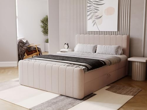 GRAINGOLD Osteno Lit 160x200, Boxspring avec Coffre de Rangement, Rembourré avec Matelas à Ressorts Bonell, Lit Double, Tissu en Velours, avec Surmatelas, avec Tête de Lit (Beige, 160x200)