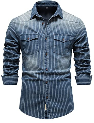 Camicia da uomo in denim a righe in chambray camicia da uomo slim fit vecchio stile jeans camicie muscolo fit camicie da lavoro stretch top all'aperto casual business top button down top vintage con