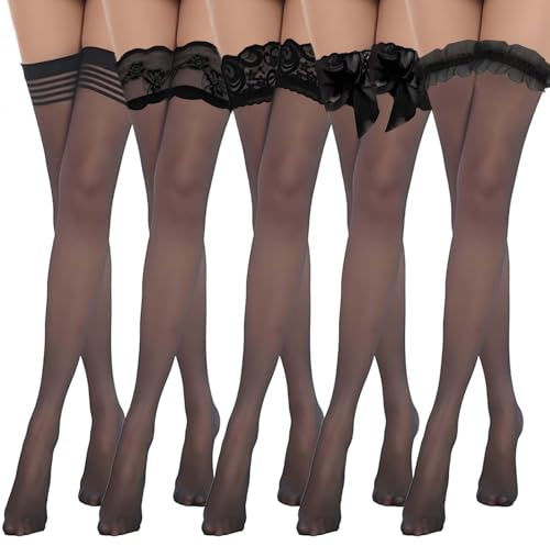 5 Pairs Hold Up Stockings for Women, Black Stockings for Women Uk Lace Trim Grip Anti Slip Stay Up Thigh Highs for Everyday & Party Wear for Women fit Fashioned Womens(5 Styles)