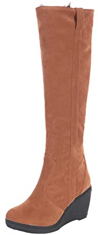 Generisch Women's Knee-High Boots with Wide Calf, Women's Flanging High Heel Leisure Plush Warm Boots, Plain Platform, Wedge Heel, Overknee Suede Boots, Winter Boots, brown, 5 UK