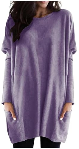 Långtröja dam ledig – damtröja bomull stora storlekar med fickor sportskjorta rund hals sweatshirt leggings långärmad lång tröja övergång vintertröja streetwear, lila, 5XL