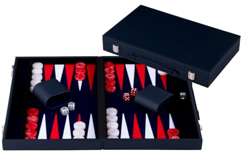 Engelhart-250560 – Backgammon 15 Pouces (38.6 cm) Mallette Luxe en Similicuir Rouge & Blanc – Marqueté – Ouvert 47,4 × 38,6 cm – Pions Rouge/Blanc – Dés et Gobelets – Jeu de Société Classique