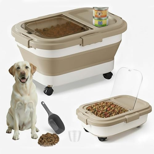 CAAGGMM Contenedor de comida, 6-8 kg Contenedor Pienso Perro Gato Plegable Cubo Caja Almacenamiento Comida con Ruedas, contenedor de comida para perros y gatos con vaso y cuchara medidora, Caqui