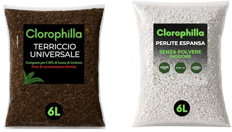 Clorophilla Kit Terriccio Universale + Perlite Espansa – 2 SACCHI – Substrato Drenante e Aerato – Per Piante da Interno ed Esterno (6L + 6L)