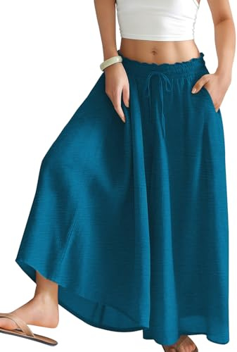 YESNO Women Wide Leg Palazzo Pants Summer Flowy Floral Casual Culottes High Waisted Lounge Beach Trouser with Pockets 2XL PBl Dark Cyan