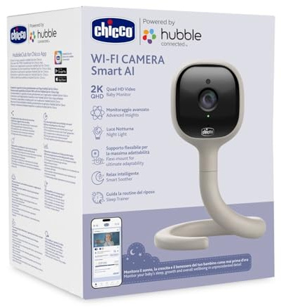 Chicco Video Baby Monitor Wi-Fi Smart AI, Telecamera 2K UHD con Visione Notturna Infrarossi, App dedicata, Luci Multicolore, Ninnenanne e Rumori Bianchi, Appendibile e Adattabile