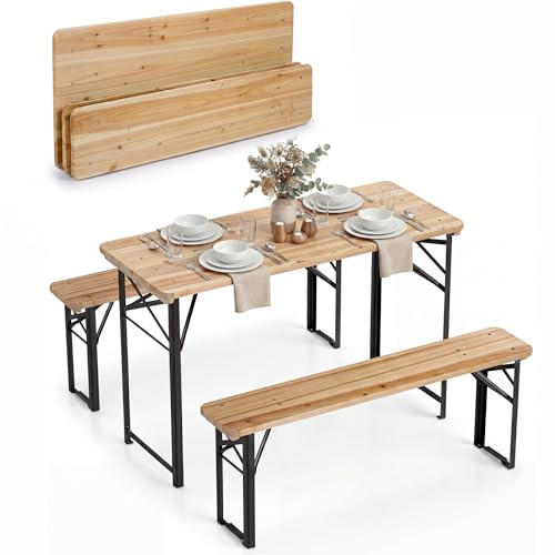 KOMFOTTEU Tavolo e Panche da Birreria Pieghevoli in Legno Massello, Gambe in Metallo Resistenti, Set da Giardino Esterno per 4 Persone per Campeggio, Picnic e Incontri all'Aperto, 118 x 50 x 75 cm