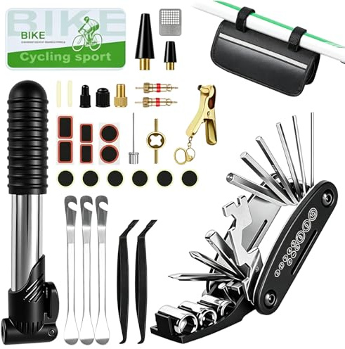 Juego de reparación de bicicletas, 34 piezas, juego de herramientas multifunción 16 en 1, con tapa impermeable, mini bomba, 12 parches de neumáticos con pegamento, almacenamiento de accesorios para