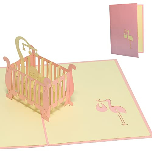 LIN - Pop Up 3D Biglietto di auguri per la nascita di una bambina, Lettino, (#98)