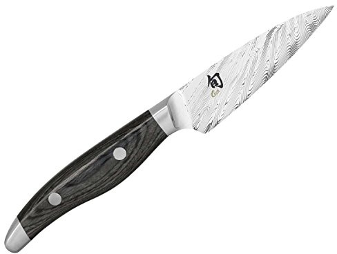 KAI Shun Nagare Officemesser 9 cm Klingenlänge - 72 Lagen Damaszenerstahl VG 2 & VG 10 Dual-Core-Klinge - Pakkaholz grauschwarz - Handgefertigt in Japan - Gemüsemesser Spickmesser geschmiedet