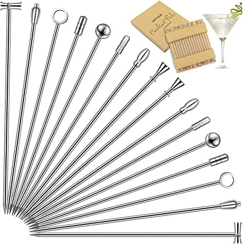 DEMIGO Cocktail Picks Set of 16, Stainless Steel Reusable Martini Picks