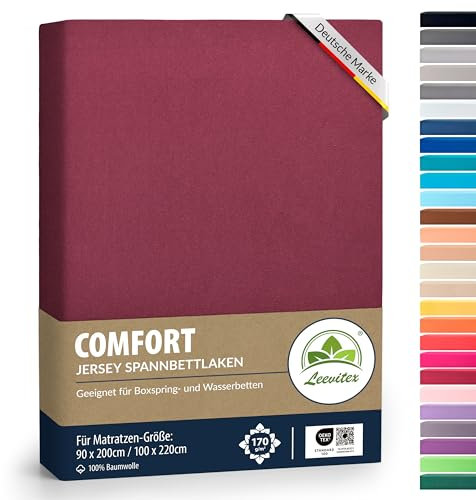 leevitex® Premium Spannbettlaken 90x200-100x220 cm - 40 cm Steg - auch für Boxspringbett & Wasserbett | 100% Mako-Jersey-Baumwolle | ÖKO-TEX | 170g/m² | Bordeaux/Weinrot