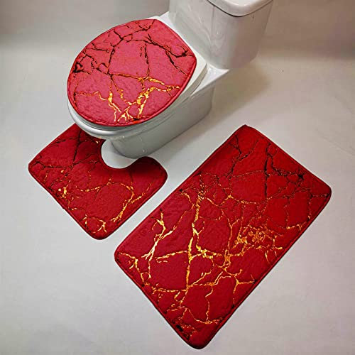 Lifup Badematte 3er Set, Weiche Flauschig rutschfeste Wasserabsorbierend Badezimmermatte, 1 Badezimmer Teppiche, 1 Toilettenmatte, 1 Toilettensitzbezug Weinrot