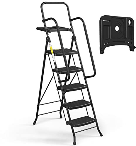 HBTower Escalera 5 Peldaños Plegable con Bandeja Portaherramientas, Escalera Antideslizante de Acero, Capacidad Máxima 150 kg, Ideal para Casa, Garaje y Obra