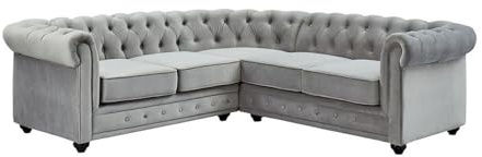 Vente-unique - Divano angolare in Velluto Grigio argento - CHESTERFIELD