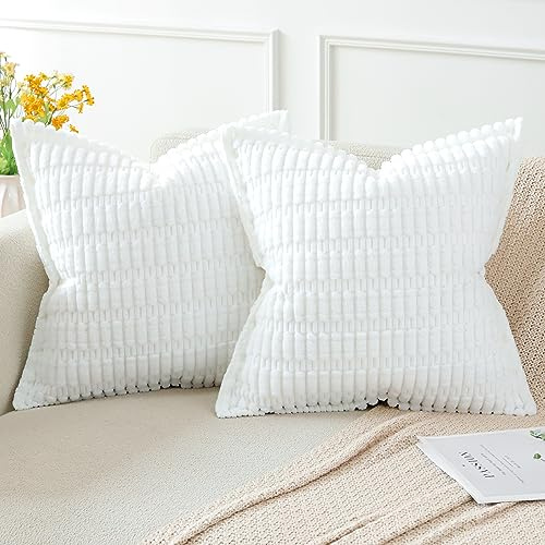 Artscope Pure White Cushion Covers Set of 2 Corduroy Decorative Square Striped Pillowcase with Stitched Edge Pillow Covers 40x40cm for Home Decor Sofa Bedroom Car