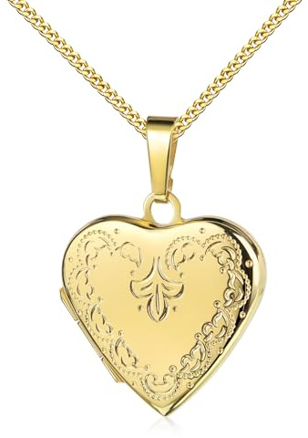 JEVELION Goldmedaillon Medaillon Herz 333 Gold Herz-Amulett für 2 Bilder zum Öffnen für Damen mit Halskette und Schmuck-Etui Mit Amulettkette 925 Silber vergoldet - Kettenlänge 45 cm.