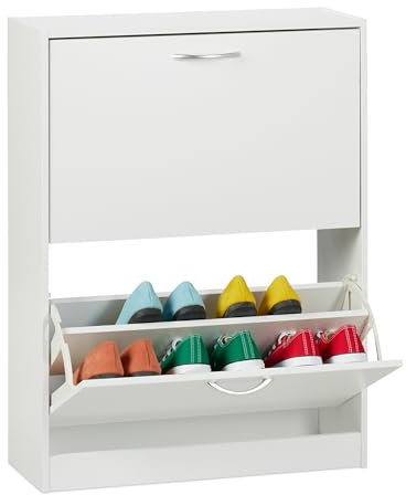 Relaxdays Schuhschrank, HxBxT: 80 x 60 x 24 cm, für 12 Paar, 2 Klappen, schmaler Schuhkipper, Flur Schuhkommode, weiß