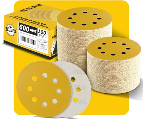 100PCS 125mm 8 Hole Sanding Discs Sandpaper, 600 Grit, Premium Gold Round Hook and Loop for Random Orbital Sander - Ideal for Wood, Metal, Automotive