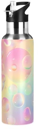 Botella de agua con diseño de burbujas de arcoíris brillante con tapa con pajilla, termo de acero inoxidable aislado para niños y niñas, gimnasio, deportes, a prueba de fugas, 600 ml