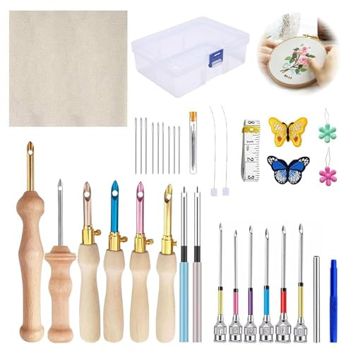 GAESHOW 35 Pezzi Punch Needle Kit, Aghi da Punzonatura Regolabili in Legno, Ago Magico per Ricamo per Cucito, Fai da Te, Ricamo, Punto Croce per Principianti