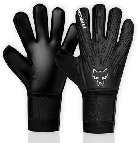 FEARLESS GOALKEEPERS Wolf V Onyx - Guantes de Portero Adulto y niño - Guantes Portero fútbol con látex alemán - Agarre Antideslizante - Corte Negativo - Ajuste Tipo Segunda Piel