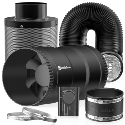 Hon&Guan 150 mm ventilationsset 587 m³/h Inline-rörfläkt, komplett set med varvtalsregulator, aktivt kolfilter, frånluftsrör, ventilationssystem för 60 x 60 cm 80 x 80 cm, odlingstält