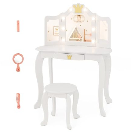 COSTWAY Set Toeletta Trucco per Bambina con Sgabello, Tavolo Trucco Triplo Specchio Staccabile con Luci LED a 3 Colori, Postazione Trucco con Cassetto e Accessori, per Bambine 3-7 Anni (Bianco)