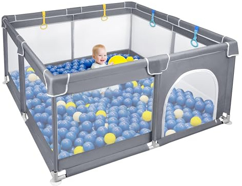 SUBTLETY Parque infantil de 150 x 180 cm, plegable, 68 cm de alto, con espuma anticolisión, red transpirable y cremallera, para niños y bebés, color gris oscuro