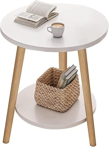 Fuyoula Tavolino da Caffè Rotondo,Tavolino Salotto 2 Ripiani, Tavolino da Pranzo in Legno per Camera da Letto,comodino, per divano, supporto per fiori, robusto,Bianco