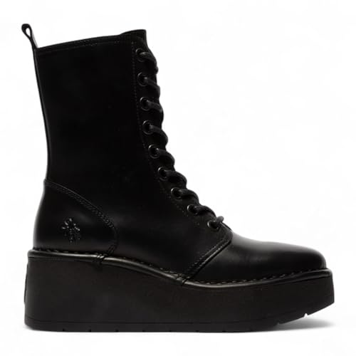 Fly Womens Black HAIT273 Leather Lace-up Chunky Platform Ankle Boots