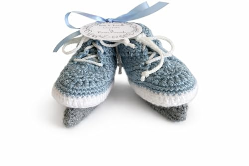 Handmade Crochet Hockey Skate Booties, Blue, Soft Acrylic Yarn, Infant 0-9 Months, Photo Prop Gift (US Footwear Size System, Infant, Age Range, Medium, 3 Months, 6 Months)