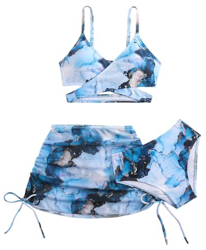 PythJooh Girls 3Pieces Bikini Set Kids Tie Dye Floral Criss Cross Bikini Bathing Suits with Cover Up Skirt Swimwear for 7-12Years Blue