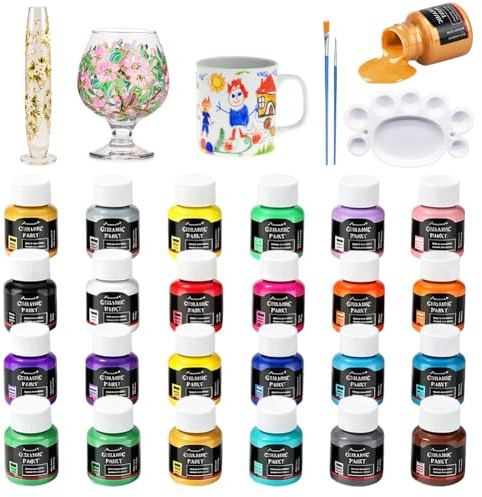 24 stycken porslinsfärgsset, 25 ml porslinsfärger, keramikfärger för att bränna in, diskmaskinssäker, glas- och porslinfärger för koppar målning, set med 2 penslar och 1 blandpalett för
