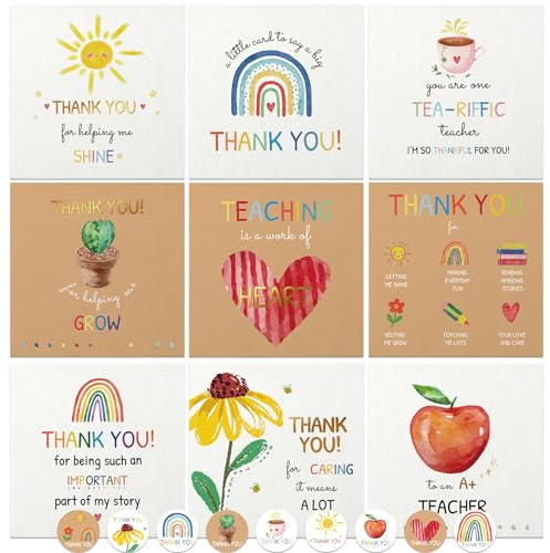 27 Teacher Thank You Cards 9 Designs with Gold Foil 15x15 cm | Cute Thank You for Helping Me Grow from Children - Teaching, Growing Together, Nursery with Envelopes & Stickers