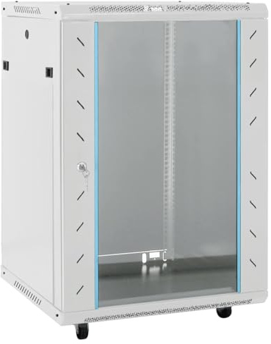 QUAHEAS 15U nätverksskåp på hjul 19 tum IP20 grå av kallvalsat stål 60 x 45 x 86 cm med låsbar glasdörr, kompatibel med NAS-server-lagring hemnätverk kontor hemmakontor