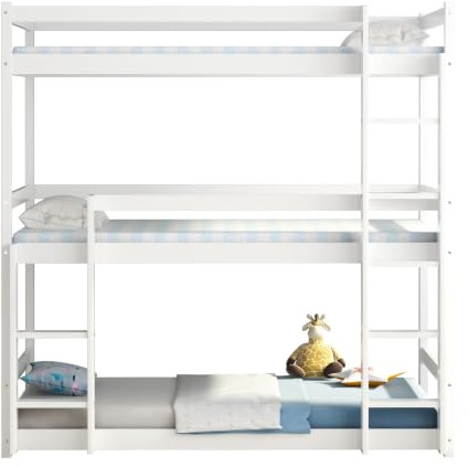 FurnitureHMD White Solid Pine Triple Bunk Bed Frame for 3 Kids, 3-Tier Single Sleeper Fits 90x190cm Mattress, Space Saving Bunk Bed with Full Guardrails & Side Ladder, Mattress Not Included