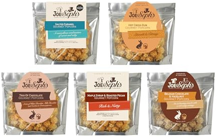 Joe & Seph's Easter Popcorn Tasting Selection (5x30g) Gingerbread, Salted Caramel, Trio of Chocolate, Belgian Chocolate, Hazlenut and Maple Syrup Pecan, gourmet popcorn, easter gifts