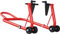 Béquille rouge avec roulettes pour moto arrière pliable.