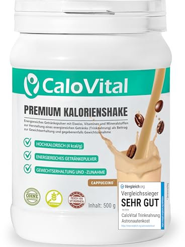 WEIGHT GAINER & MASS GAINER hochdosiert für Masseaufbau und zum Zunehmen | Trinknahrung hochkalorisch für Gewichtszunahme | CaloVital - Premium Qualität aus Deutschland (Cappuccino 500g)