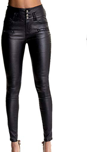 xxxiticat Women's Black Stretch Jeans Button Closure Zipper Up High Waisted PU Biker Slim Trousers Faux Leather Skinny Pants(BL,2XL)