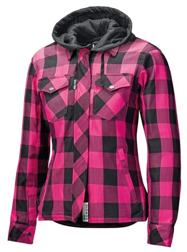 Held Lumberjack 2 – motorcykelskjorta med skydd – CE-certifierad motorcykeljacka dam EN 17092 – flanellmaterial – avtagbar huva – mjuka skydd axlar och armbågar – svart/rosa, storlek D-M