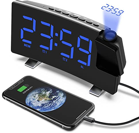 VORRINC Projektionswecker, Digital Wecker Radiowecker mit Projektion 180 °, USB-Anschluss Doppelalarme Snooze 12 / 24H, 3 Projektionshelligkeit mit Automatischem Dimmer, für Schlafzimmer Decke (Blau)