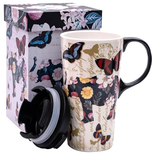 Topadorn Ceramic Travel Mug with Lid 17oz – Microwave & Dishwasher Safe, Spill-Resistant for Coffee Tea Hot Chocolate – Butterfly