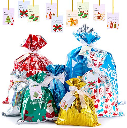 Evance 35 Bolsas Navideñas con Cordón, 35 Bolsas Regalo Navidad + 36 Etiquetas, Bolsa Regalos Navidad para Fiestas y Regalos -44x60cm, 39x50cm, 29x43cm, 24x32cm