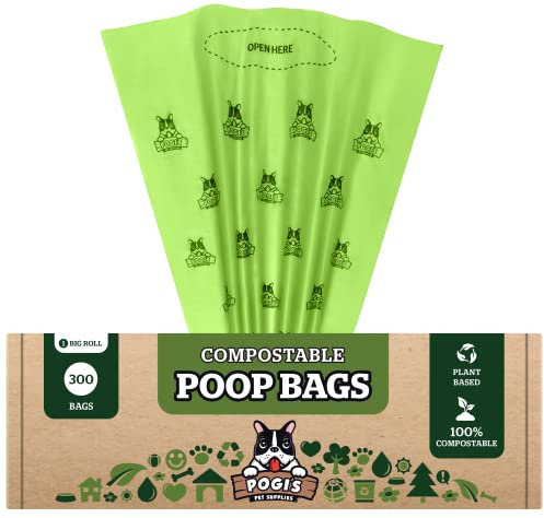 Pogi's Kompostierbare Kotbeutel – 300 Beutel – Grab & Go Hundekotbeutel – auslaufsicher, extragroß, pflanzlich, ASTM D6400 zertifiziert, kompostierbare Abfallbeutel für Hunde